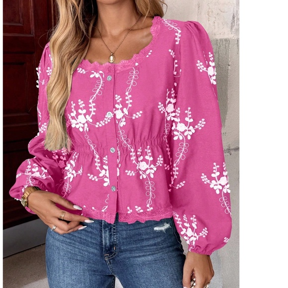 Boho Semi Sheer Lace Button Down Embroidered Floral Top - Picture 6 of 6